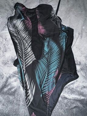Black One-Piece Swimsuit with Teal & Pink Feather Print